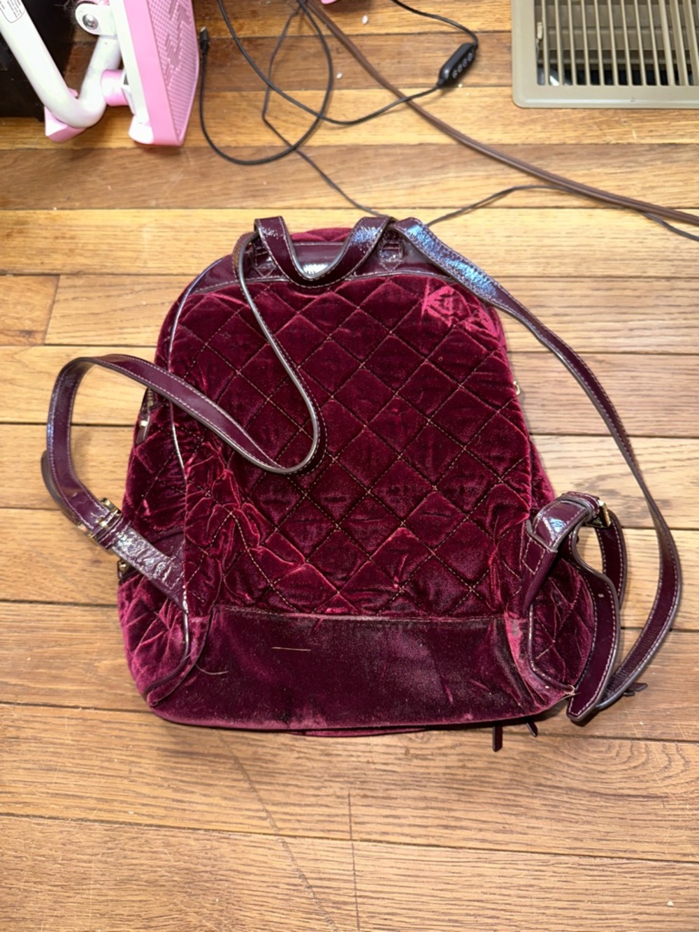 Michael Kors Quilted Velvet Wine Backpack with Gold Hardware - Picture 9 of 12